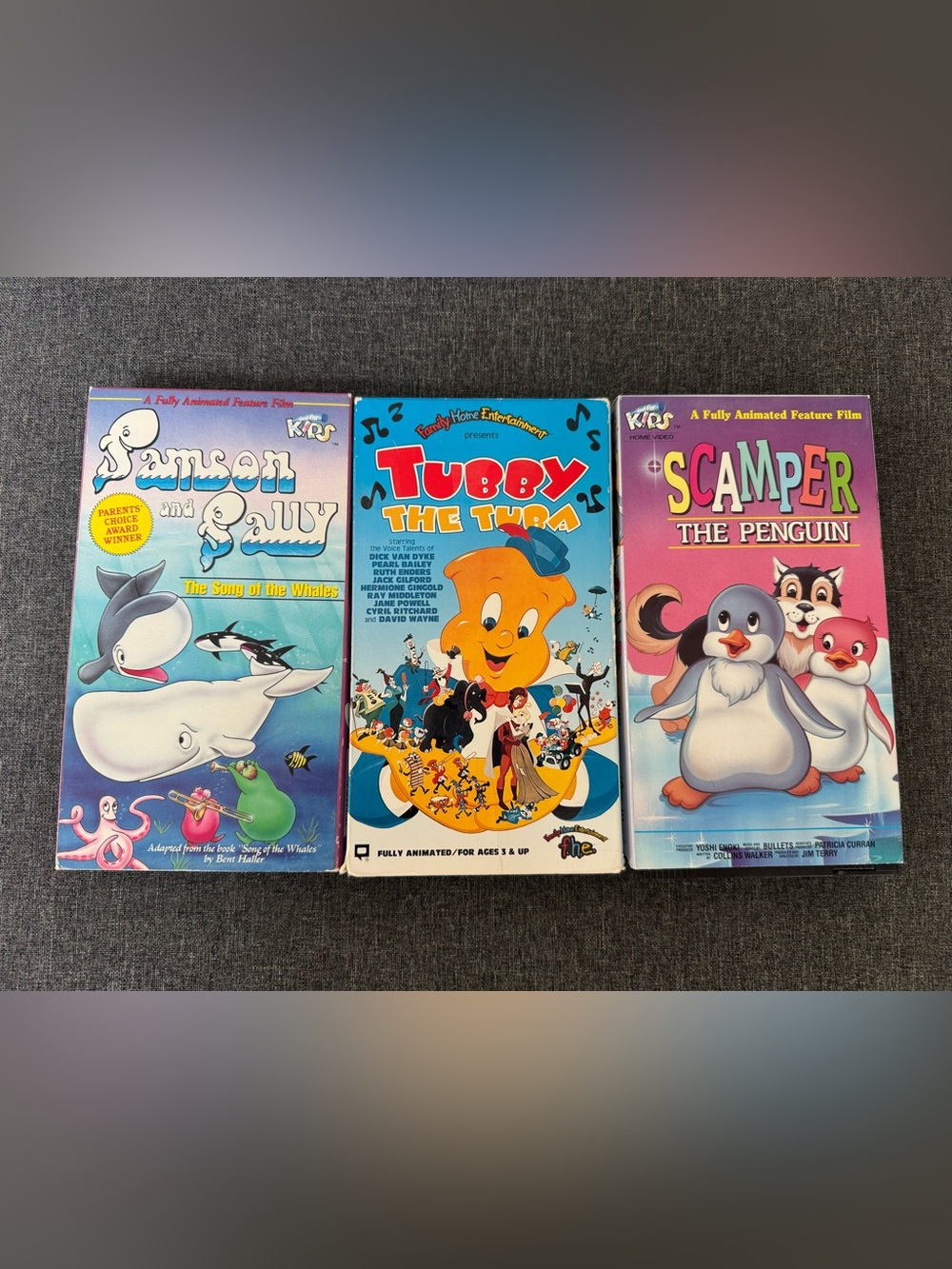 VHS tapes - Tubby the Tuba, Scamper the Penguin, physical media, retro, ‘80s